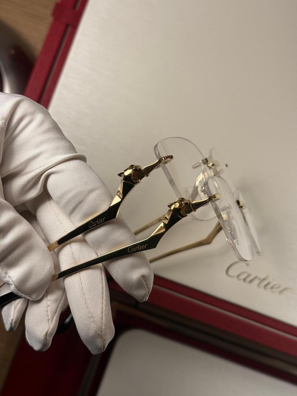 Close-up of an eyewear detail in a gloved hand