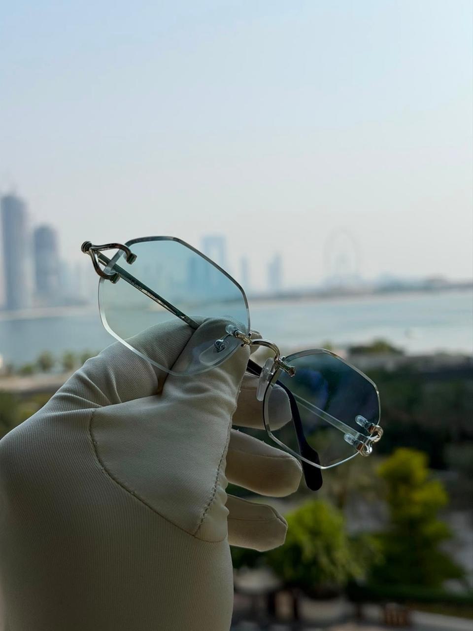 Sunglasses held against a landscape
